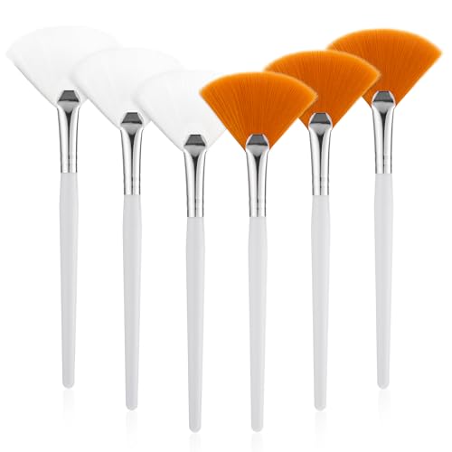 BOHUIZ 6 Pcs Fan Brushes for Facial, Soft Makeup Mask Acid Applicator Brush Face Mask Applicator, Flat Head Mask Applicator Esthetician Brush for Women Girls Mud Clay Mask Makeup Peel(White+Yellow)