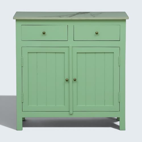 Image of Solid Wood Madrid Sideboard Cabinet (S) | Sideboard with Sintered Stone Top | Finish- Acrylic Sage Green