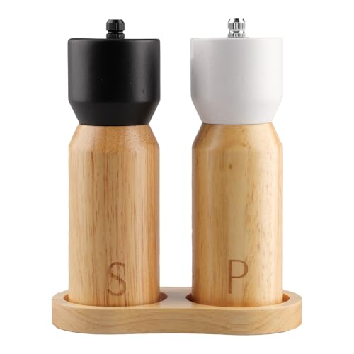 oupados Salz & Pfeffermühle Holz 2er Set,Chilimühle,Verstellbares Keramikmahlwerk,Unbefüllt, Skandinavisches Design Salzmühle für Grobes Salz-Gewürzmühle für Küche oder Tisch（Weiß/Schwarz）
