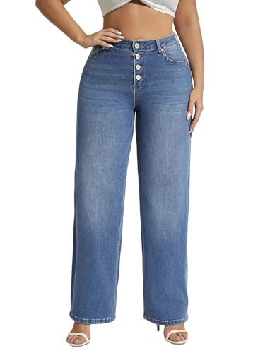 Plus Size High Waist Button Fly Wide Leg Jeans for Women – Stretch Denim Straight Leg Pants with Pockets
