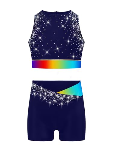 Girls Shiny Pcs Gymnastics Dance Sports Outfit Rhinestone Racer Crop Top With Shorts3