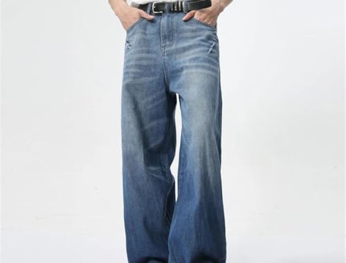 Men Vintage Washed Straight Denim Pants High Waisted Loose Fit Wide Leg Casual Office Trousers2