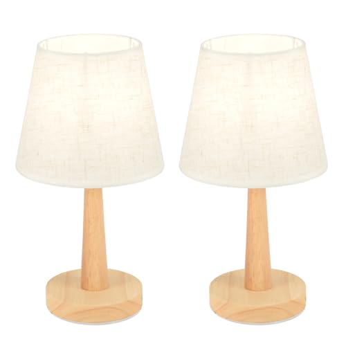 LIGKIN Set di 2 Lampada da Tavolo Moderne con Paralume in Tessuto Bianco E27 Lampada da Comodino in Legno con Interruttore Lampade da scrivania per Camera da letto Soggiorno