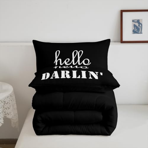Image of Feelyou Kids Full Size Hello Darlin Bedding Set Western Black Comforter Set Funny Western Retro Comforter for Kids Boys Girls Rustic Duvet Insert 2Pcs