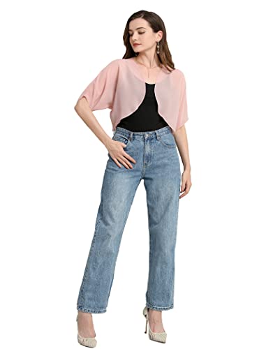 Zudanal Women Shurg Soft Chiffon Sheer Bolero Shrug Open Front Short Sleeve Cardigans For Evening Dress Blush L #TOP4
