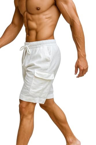 Image of INKKR Men's Cargo Linen Shorts Beach Shorts Drawstring Elastic Multi Pocket Plain Comfort Breathable Knee Length Cotton Shorts