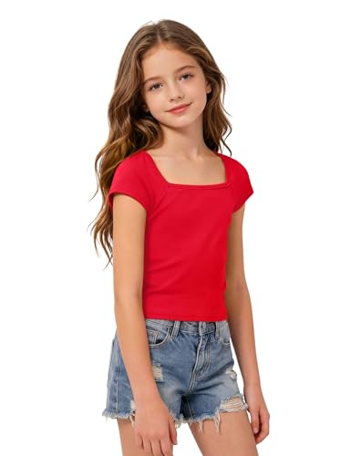 Image of Crop Tops for Girls Short Sleeve Shirt Girls Summer Tops Square Neck Slim Fit Tops Basic Tee