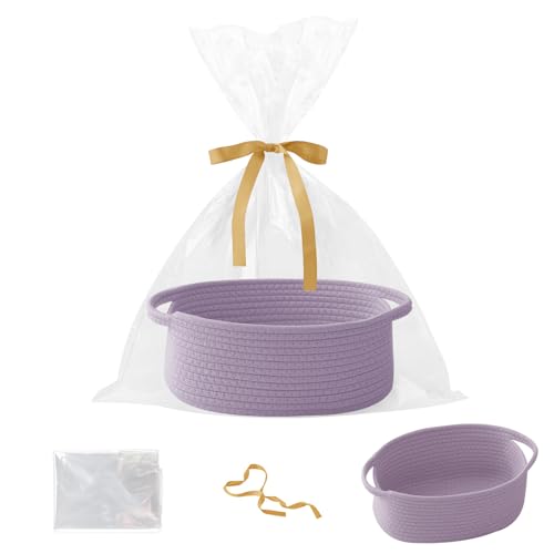 Image of Purple Woven Rope Basket - Baby Gift Basket with Bag & Ribbon