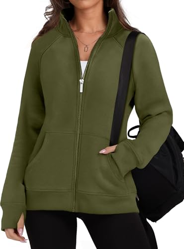 Women Zipped Up Sweatshirts without Hood Casual Fall Fleece Jackets Fashion Long Sleeve Tops Travel Outfits Oversized Coats Winter Sweater Hoodies Oversized Y2K Clothes Armygreen XL