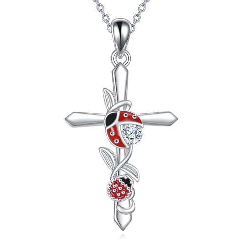 Moissanite Ladybug Necklace Sterling Silver Cross Pendant 0.2 Carat Ladybug Jewelry Gifts for Women Men