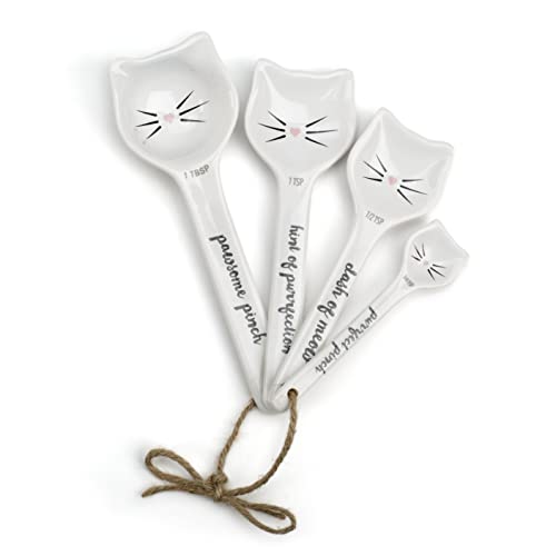 Utensilios de cocina de cerámica blanca con temática de perro y gato: tazas y cucharas medidoras, soporte de cuchara para encimera, accesorios de cocina lindos (cucharas medidoras para gatos)
