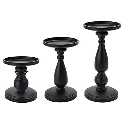 volnyus Black Candle Holders Set of 3 - Home Decor Pillar Candle Stands, Mantle Decor Centerpieces for Fireplace, Living or Dining Room Table,Classic Pastoral Style Candlesticks Cover