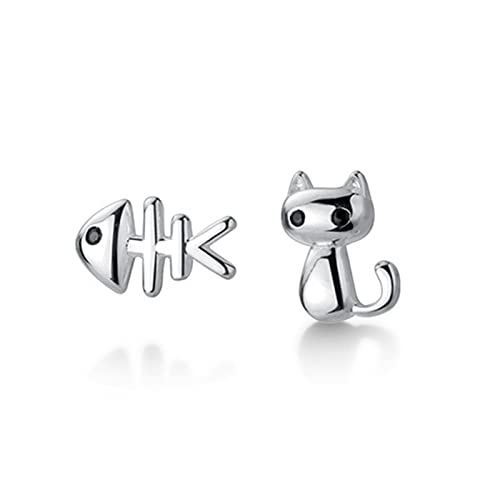 Boucles d'oreilles chat et os de poisson argent 925 idée cadeau