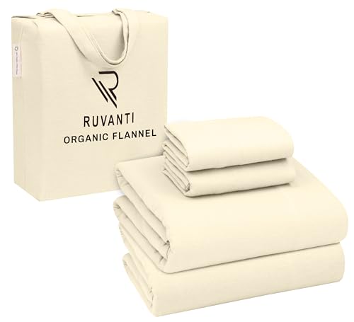 RUVANTI Sábanas de Franela orgánica tamaño matrimonial, Juego de sábanas 100% algodón de Doble Cepillado, Bolsillo Profundo de 16 Pulgadas, Transpirables, extrasuaves, cálidas y acogedoras, 4 Piezas,