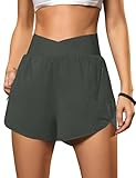 Blooming Jelly Women's Workout Shorts Athletic Running Elastic High Waisted Black Gym Yoga Shorts with Zipper Pockets (Dark Green,Medium)