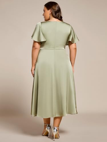Image of Ever-Pretty Plus Women's V Neck A Line Ruffles Sleeves Satin Midi Plus Size Cocktail Wedding Guest Dresses 02318-DA