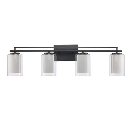 Image of TRANS GLOBE 22484 BK I Lisbon Collection 32 Inch Four-Light Bathroom Vanity - in a Black Finish | Metal Housing I Clear & Frosted Shades I Modern Contemporary Light Fixture |