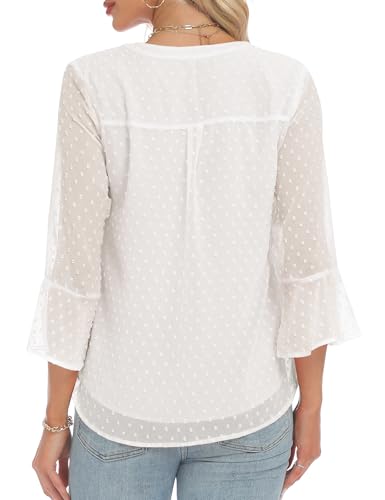 AIMCOO Blouses for Women Dressy Casual 3/4 Sleeve Tops for Women Swiss Dot Double Layered Chiffon Work Tunic Shirts3