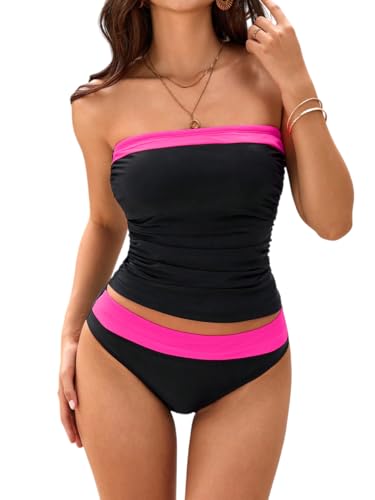 SOLY HUX Tankini Swimsuits for Women Color Block Bandeau Ruched Bikini Two Piece Bathing Suits