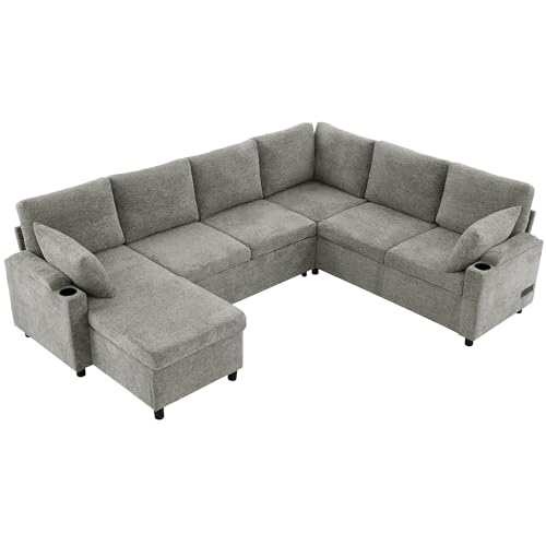 Image of ERYE 110-Inch U-Shaped Left Facing Sleeper Sectional Sofa Chenille Upholstered Corner Convertible Pull Out Sleeper Sofabed with Cupholders,Armrests Storage and USB Ports