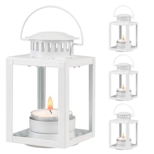 SWAWIS 4 Pezzi Lanterne Decorative, Vintage Lanterna Sospesa Portacandele Lanterne da Giardino Sospese, Lanterna per Candele Tealight, Lanterne da Esterno per Dcorazione di Matrimonio Natale, Bianco