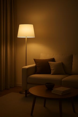 Image of Modern Metal Floor Lamp with Fabric Shade | Antique Brass Finish Standing Lamp | E27 LED Bulb Compatible | 52 Inch Tall Decorative Floor Light for Living Room, Bedroom & Office