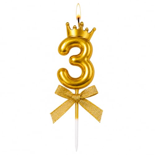 Image of Number 3 Unscented Candle with Crown 3 inch for Birthday Parties, Wedding, Engagement, Valentines Day Celebration, Theme Party, Bachelors Decoration Gold, Numeric 3
