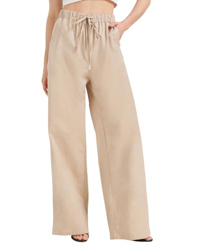 Zylioo Extra Long Linen Pants Women Tall 32-30 Inch Inseam, Wide Leg Linen Drawstring Pants, Lightweight Casual Pants for Summer Khaki