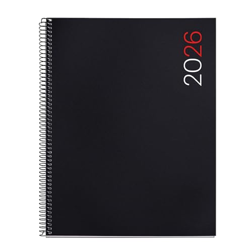 Miquelrius - Agenda 2026 día por página, Más pequeña que A4 (210 x 270 mm), Cubierta flexible polipropileno, Espiral, Papel 80 g/m², Planificador diario, Español-EN-PT, Color negro