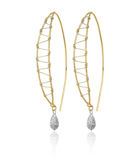 14K Solid Two Tone Gold Wire Wrapped Drop Dangle Earrings3