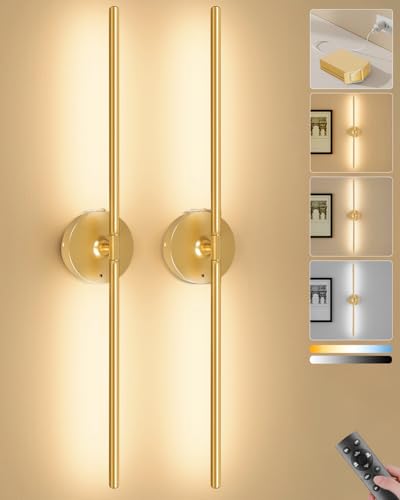 Image of Ouyulong Battery Operated Wall Sconces Set of 2, 8000mAh Wireless Rechargeable 3000-6000K Dimmable 350 Rotate Wall Light with Remote for Living Room, Bedroom 31.6in Gold