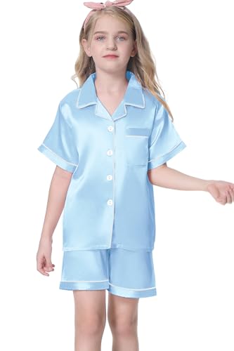 Image of Umeyda Women & Girls Pajamas Set, Soft Satin Lightweight Silk Button-Down Top with Shorts 2 Piece PJS for Mom Boys Kids Gifts