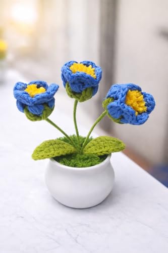 Image of VRB DecTM 1 Pcs Crochet Flowers Artificial Daisy for Office Desk Car Dashboard Decor,Home Decoration, Office, Bedroom, Christmas Decor, Wedding,Diwali. (Single Sky Blue Daisy with Pot)