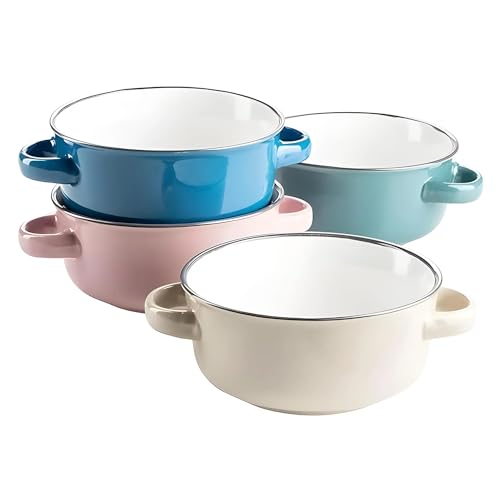MÄSER Maila - Juego de tazas de sopa de colores para 4 personas, de cerámica esmaltada, cuencos de sopa con asa, diseño vintage, gres, rosa petróleo/beige/azul oscuro