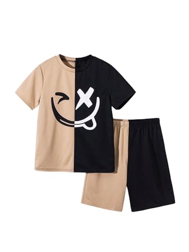 Image of RoseSeek Boy's 2 Piece Outfits Floral Print Short Sleeve Crewneck T Shirt and Shorts Set Summer Outfits