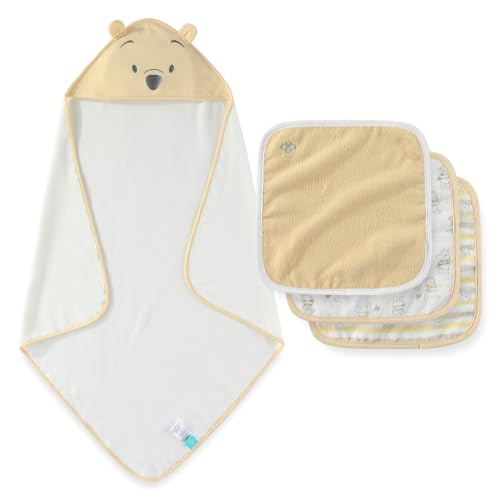 Image of Disney Baby Winnie The Pooh Unisex Hooded Baby-Bath Towel with 3 Washcloths Set for Newborn and Infants