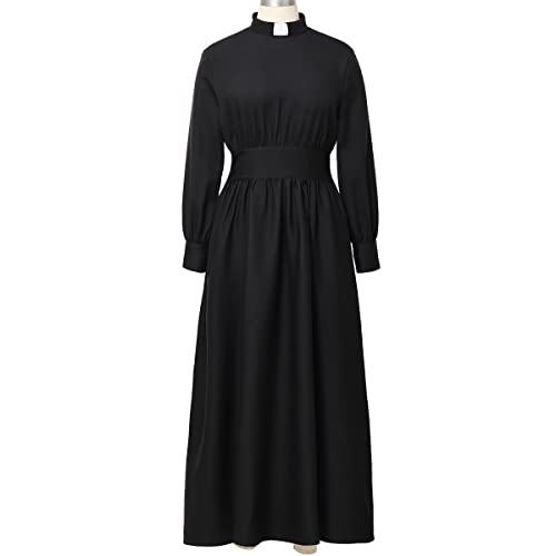 Image of CAMDOM Church Clergy Dress for Women Long Sleeve A Line Elegant Maxi Dress with Tab Insert Stand Collar and BeltA
