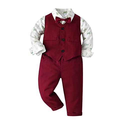 Carlstar Baby Boys Formal Set Little Boys Gentleman Suit, Vest & Pants+Long Sleeve Shirt+Bow Tie/Tie 4pcs Outfit Wine Red, 5-6 Years