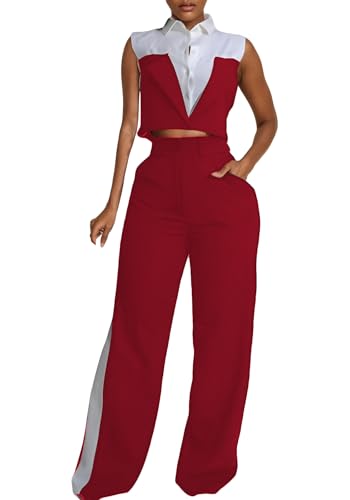LAJIOJIO Pant Suits for Women Casual,Sleeveless Crop Vest Top and Business Pants Set with Pockets