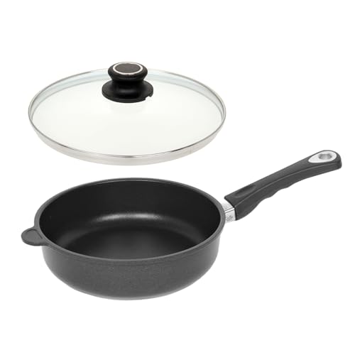 Lotus Gusspfanne - Hochrandpfanne Ø 24cm, Bodenmaß 18,5cm, Höhe 7,5cm, Deckelmaß 24cm (24 cm, mit Glasdeckel)