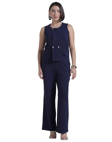 Image of Selvia Navy Blue Lycra Co-ord Set for Women, Button Detail Waist Top and Trouser Pant
