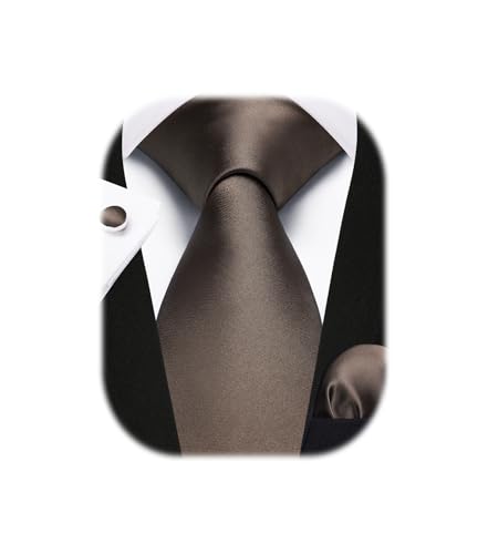 Enlision Braun Krawatte Herren Seide Hochzeit Krawatten und Einstecktuch mit Manschettenknöpfe Set Elegant Einfarbig Seidenkrawatte mit Taschentuch Business Party