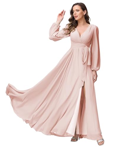 SYYS Long Sleeve Bridesmaid Dresses for Wedding with Slit Flowy Chiffon Formal Dresses with Pockets SYYS095