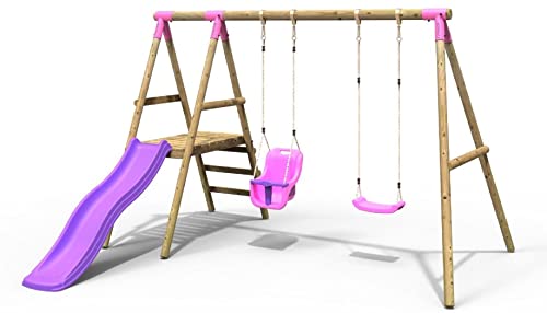 Rebo® Odyssey Children's Wooden Swing Set with Platform and Slide - Odyssey Pink | OutdoorToys | Toddler Baby Seat, Strong and Sturdy Pressure Treated Timber