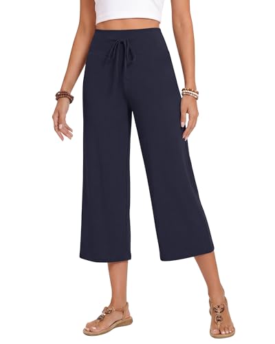 Image of ZOOSIXX Soft Black Pajama Pants for Women, Wide Leg Pants Woman Flowy Comfy Casual Lounge Yoga Capri Pants 22 inch / 30 inch