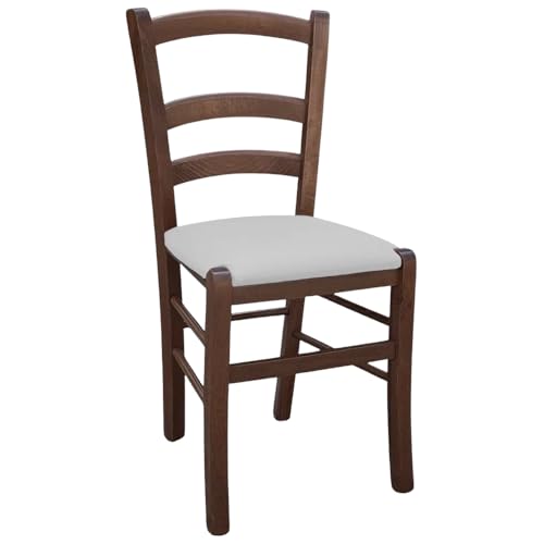 Chaise en bois vénitien noyer foncé avec assise en simili cuir rembourré gris glacé