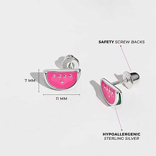 925 Sterling Silver Fuchsia Enamel Watermelon Fruit Girls Screw Back Earrings - Fruit Earrings for Toddlers, Young Girls and Pre Teens - Bright Colored Fruit Enamel Earrings4