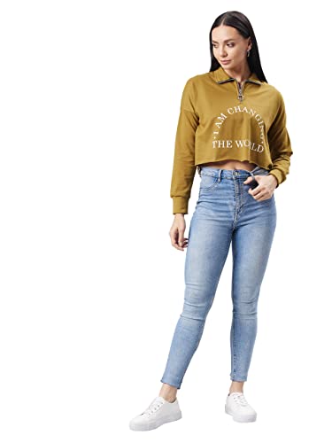 Image of Dolce Crudo Women's Olive Round Neck Full Sleeve Solid Boxy Printed Crop Sweatshirt