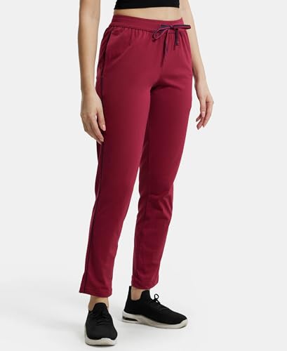 Image of Jockey 1305 Women's Super Combed Cotton Rich Relaxed Fit Mid Rise Trackpants with Contrast Side Piping and Pockets