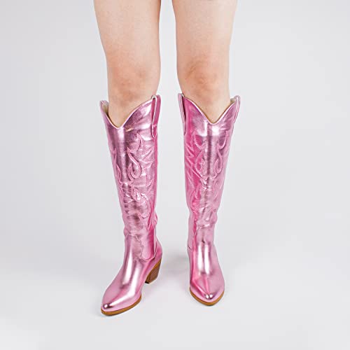 Stalov Metallic Cowboy Boots For Women, Western Embroidery Cowgirl Boots, Pointed Toe Pull-On Knee High Boots #TOP3